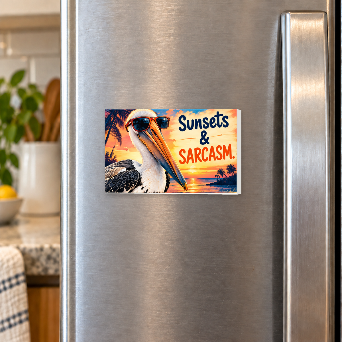 Sunsets & Sarcasm rectangular magnet shown front-facing on a refrigerator.