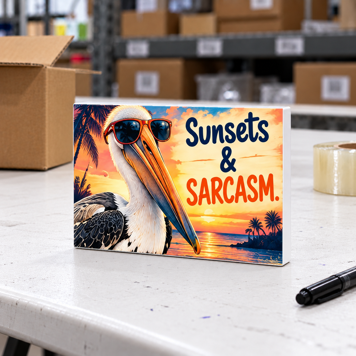 Sunsets & Sarcasm magnet and mini sign on a white folding warehouse table.