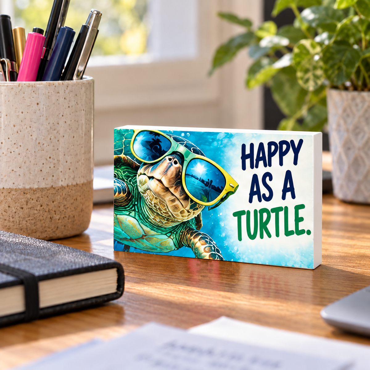 Happy as a Turtle mini sign standing on a desk.