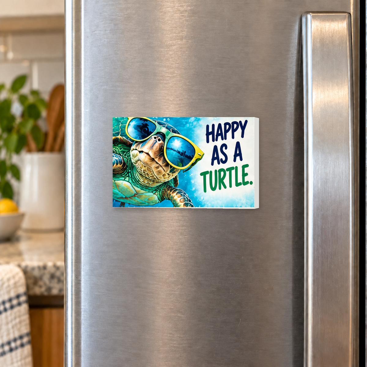 Happy as a Turtle rectangular magnet on a refrigerator.