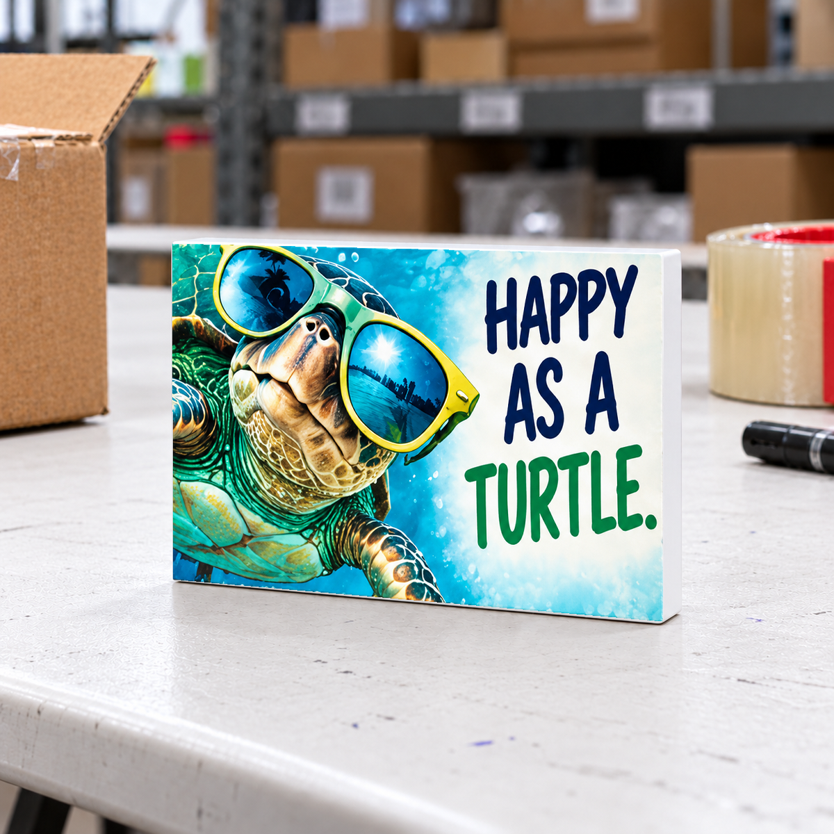 Happy as a Turtle mini sign on a used white plastic folding table in a warehouse packing area.