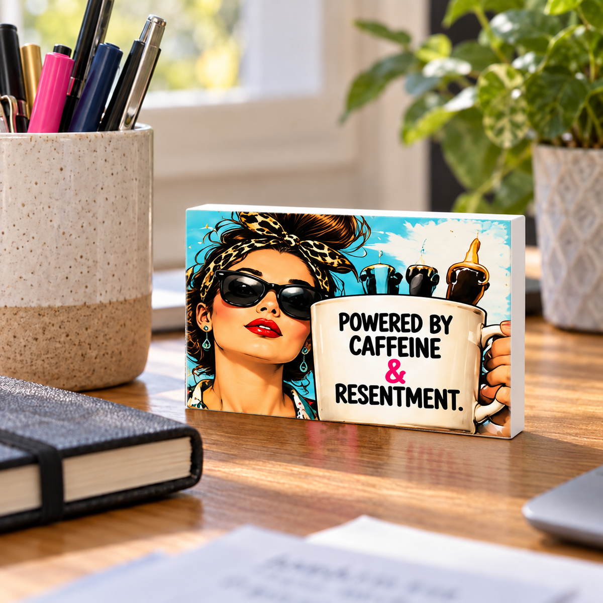 Powered by Caffeine & Resentment mini sign standing on a desk with white PVC edges.