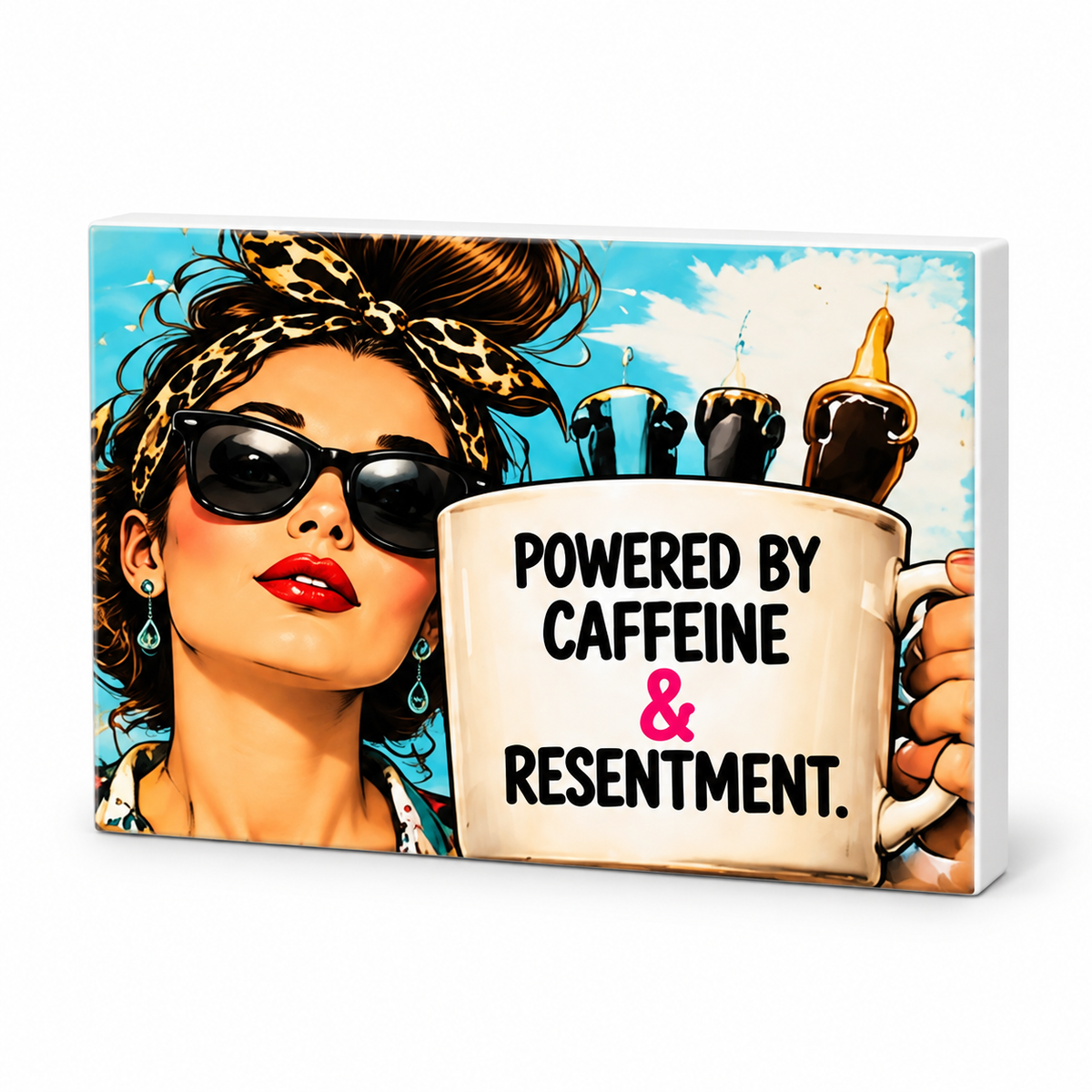 Powered by Caffeine & Resentment - Workplace Survival Club Magnet: complete artwork and white PVC edge on white background