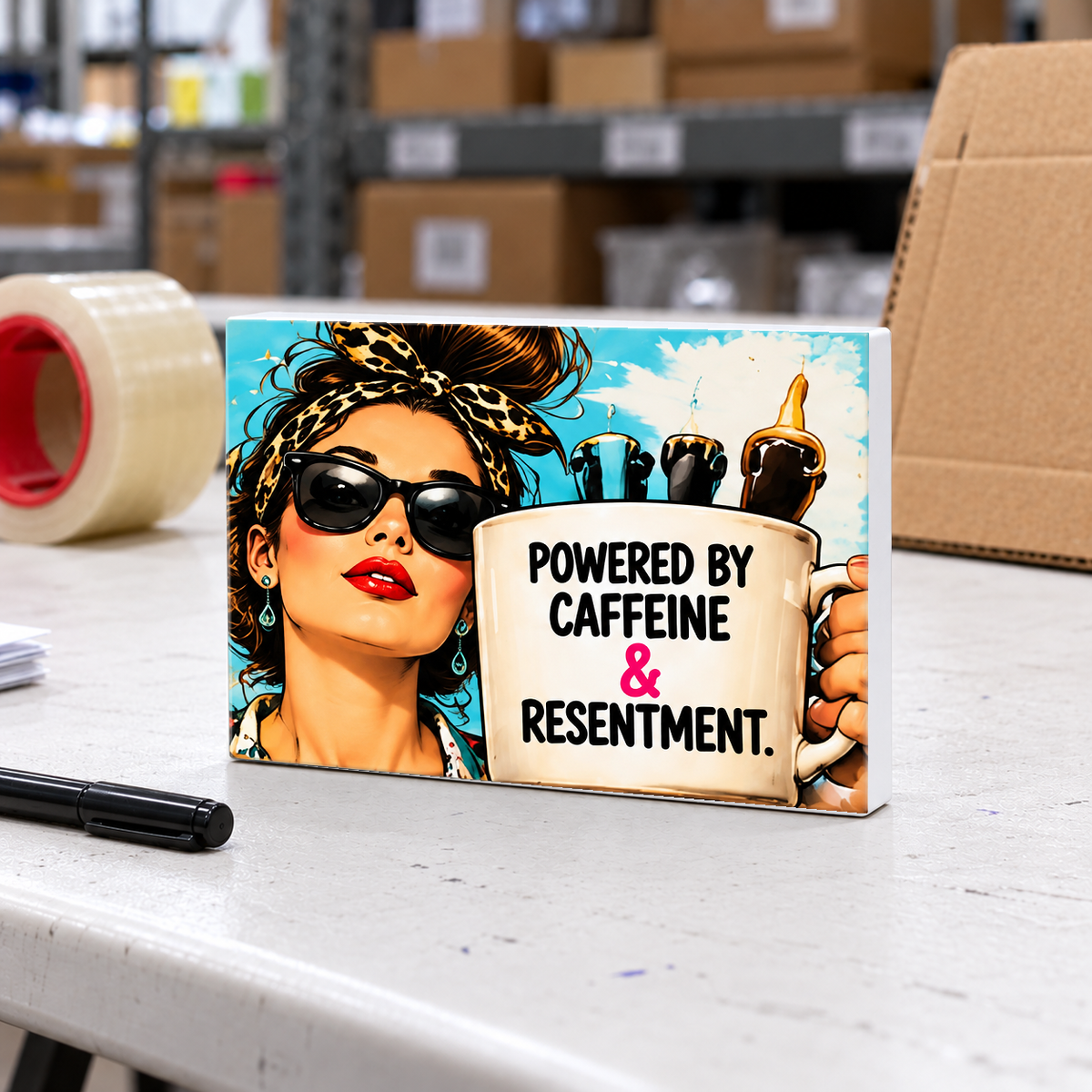 Powered by Caffeine & Resentment magnet and mini sign on a white folding warehouse table.
