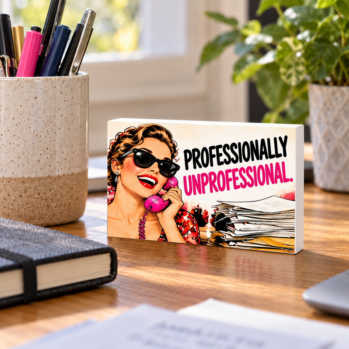 Professionally Unprofessional mini sign standing on a desk with white PVC edges.