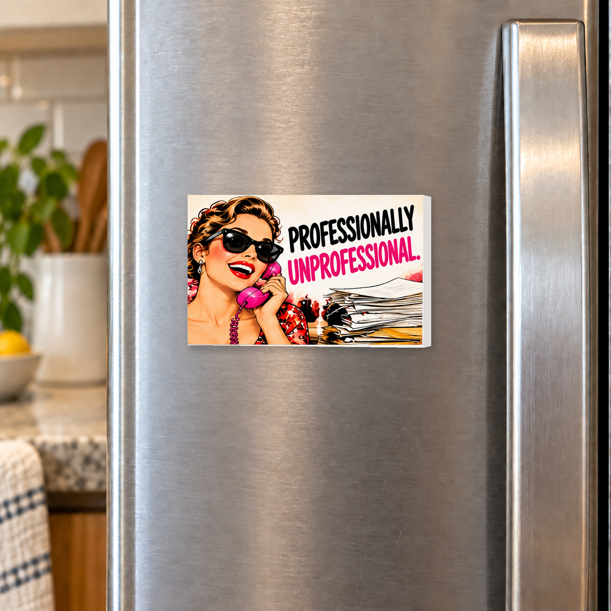 Professionally Unprofessional rectangular magnet shown front-facing on a refrigerator.