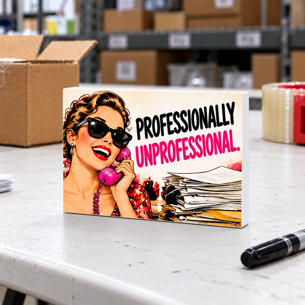 Professionally Unprofessional magnet and mini sign on a white folding warehouse table.