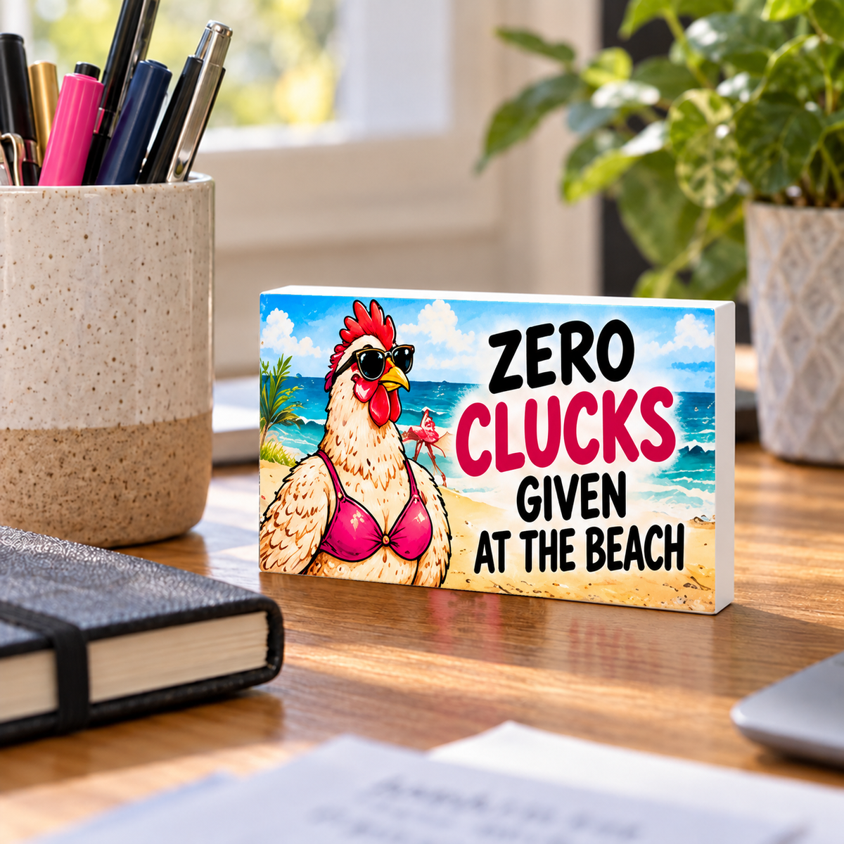 Zero Clucks Given at the Beach mini sign standing on a desk with white PVC edges.