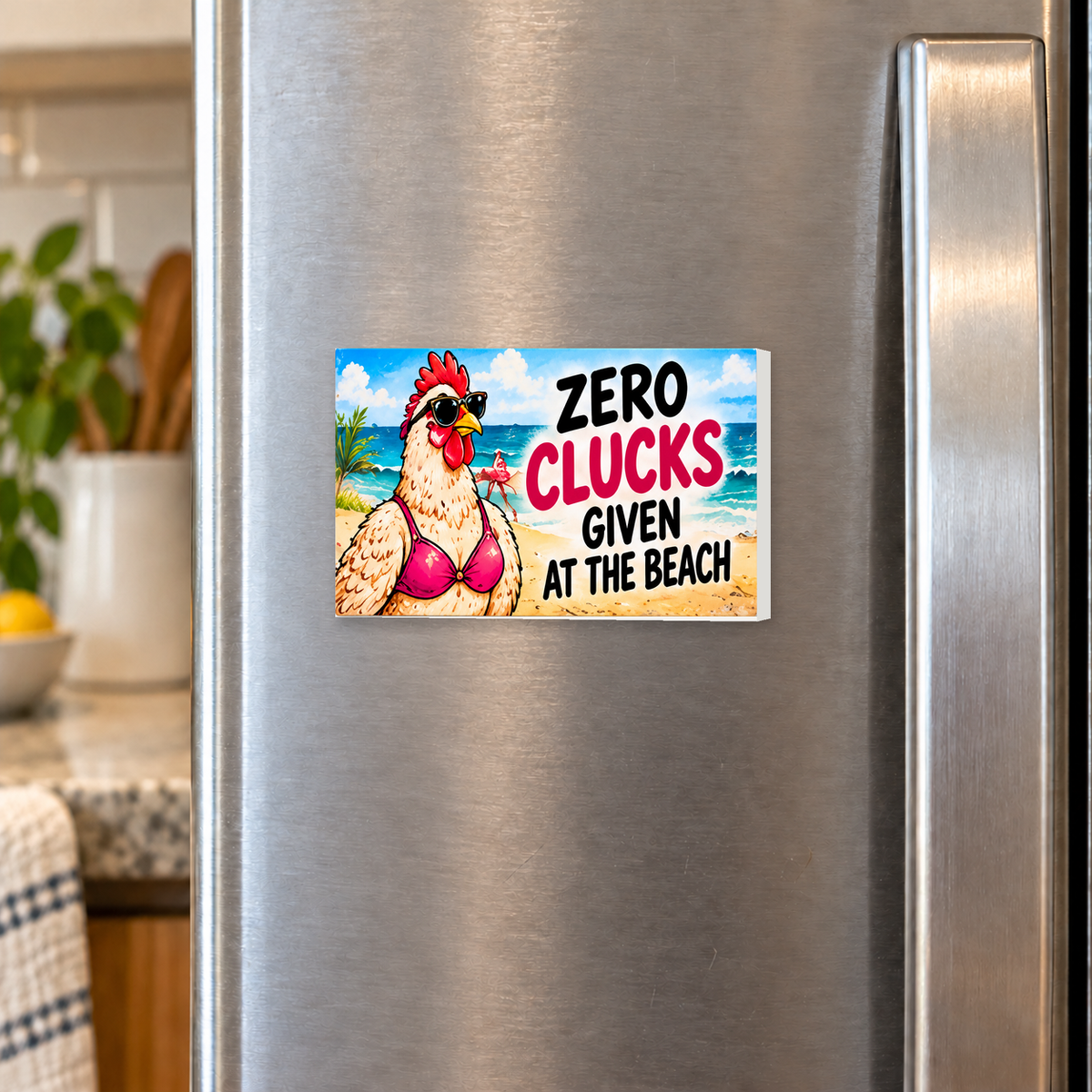 Zero Clucks Given at the Beach rectangular magnet shown front-facing on a refrigerator.