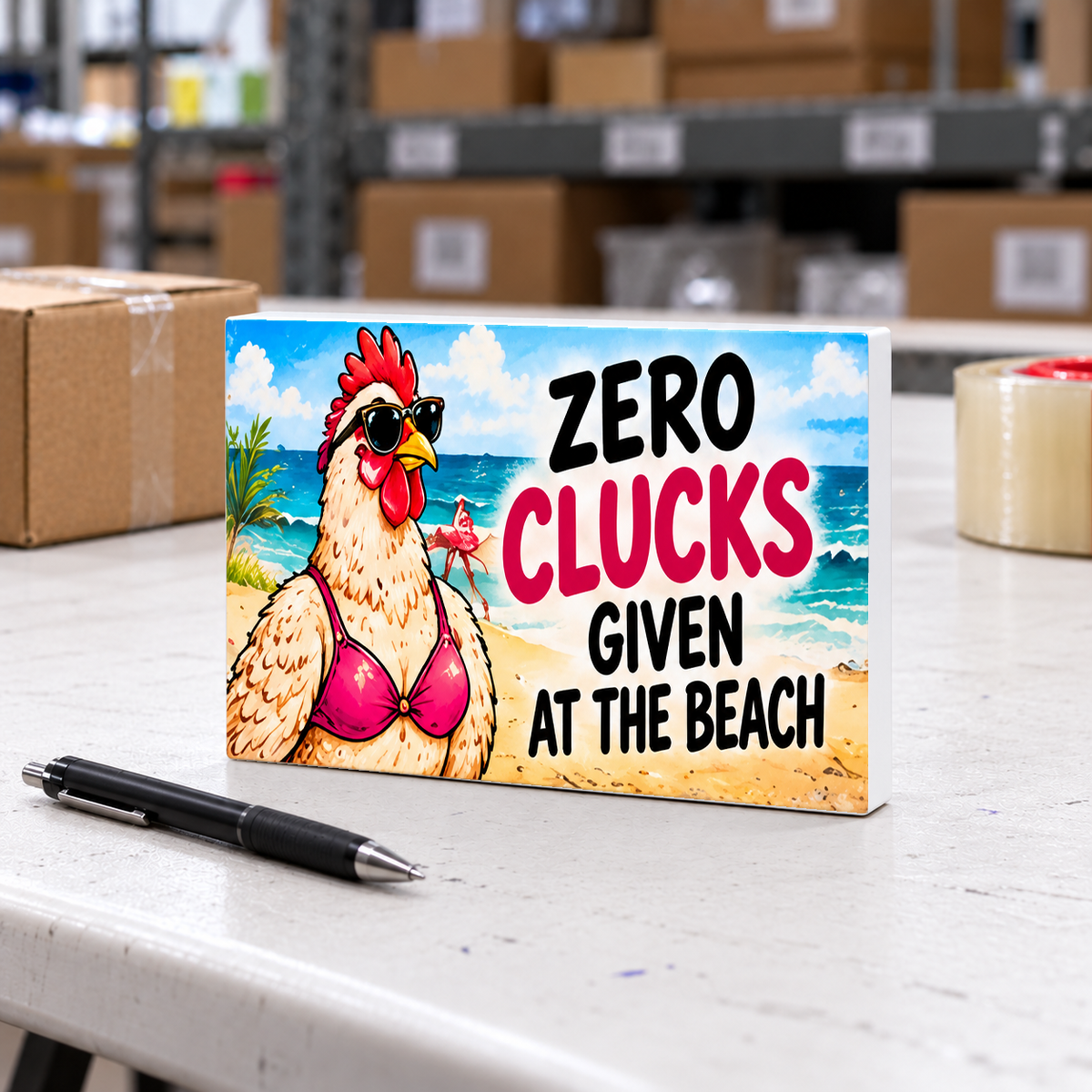 Zero Clucks Given at the Beach magnet and mini sign on a white folding warehouse table.