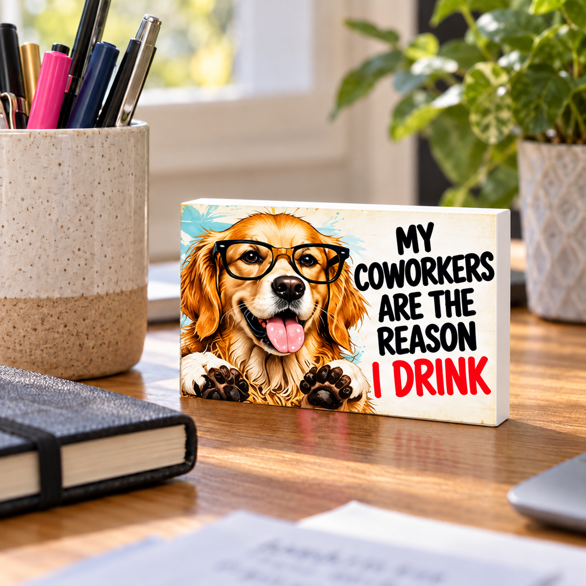 My Coworkers Are the Reason I Drink mini sign standing on a desk with white PVC edges.