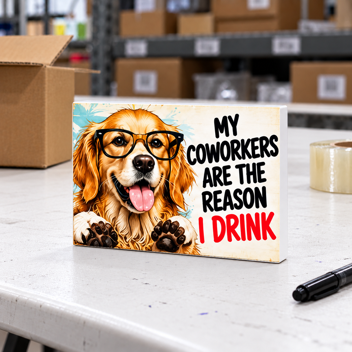 My Coworkers Are the Reason I Drink magnet and mini sign on a white folding warehouse table.