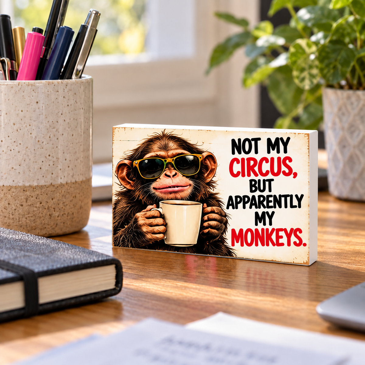 Not My Circus But Apparently My Monkeys mini sign standing on a desk with white PVC edges.
