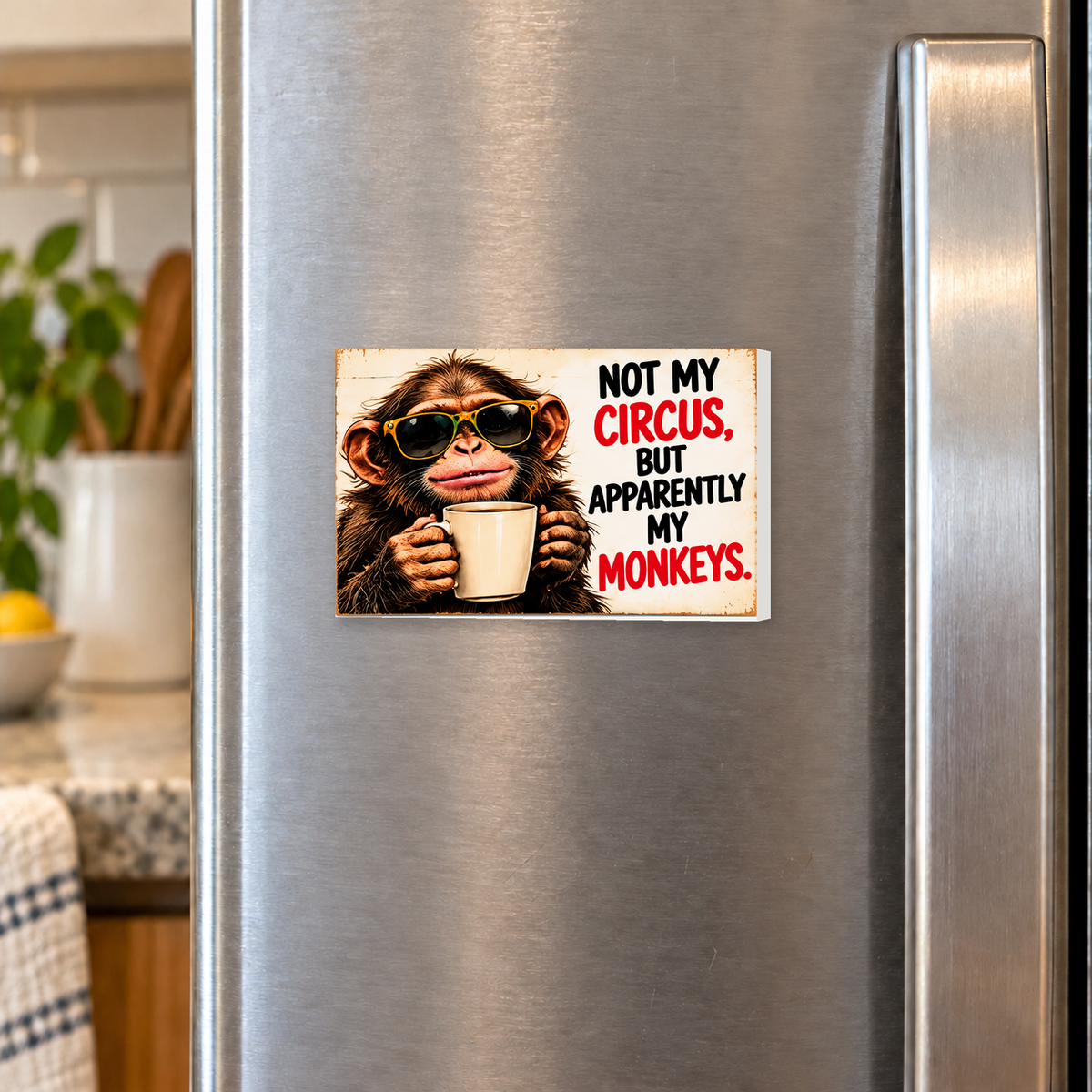 Not My Circus But Apparently My Monkeys rectangular magnet shown front-facing on a refrigerator.