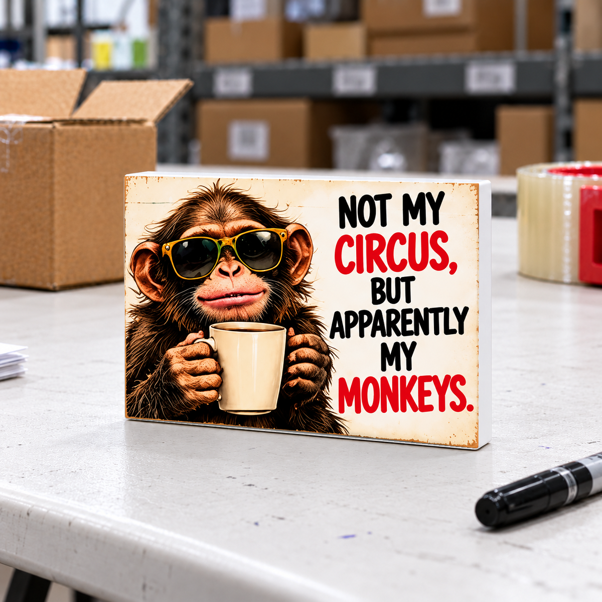Not My Circus But Apparently My Monkeys magnet and mini sign on a white folding warehouse table.
