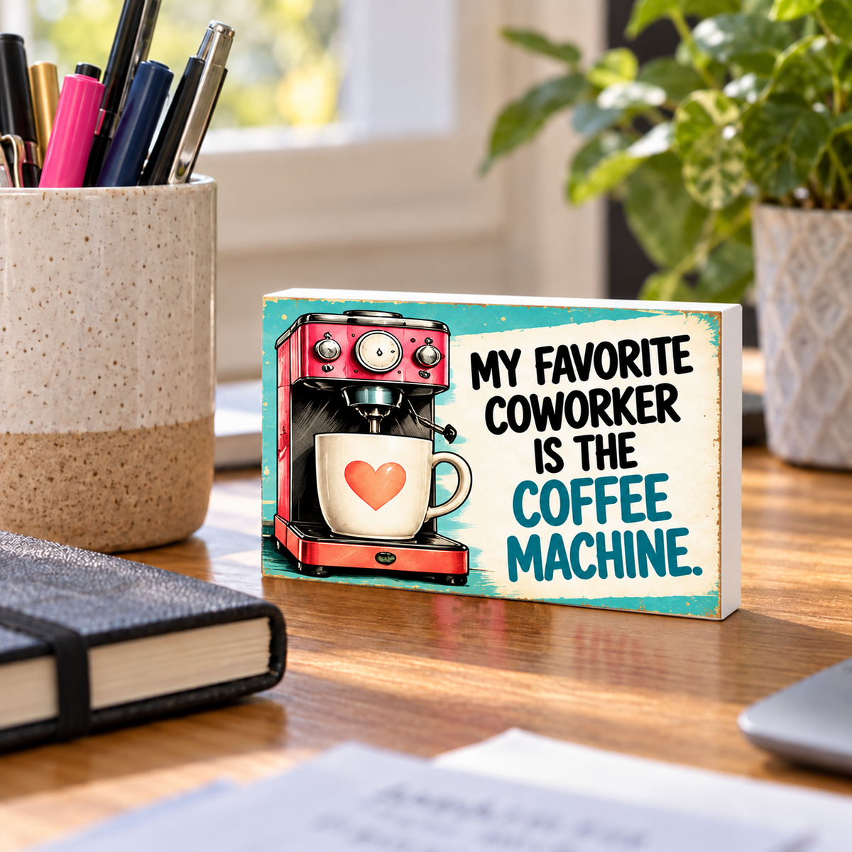 My Favorite Coworker Is the Coffee Machine mini sign standing on a desk with white PVC edges.