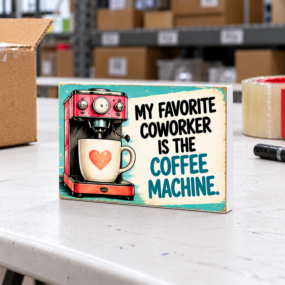 My Favorite Coworker Is the Coffee Machine magnet and mini sign on a white folding warehouse table.