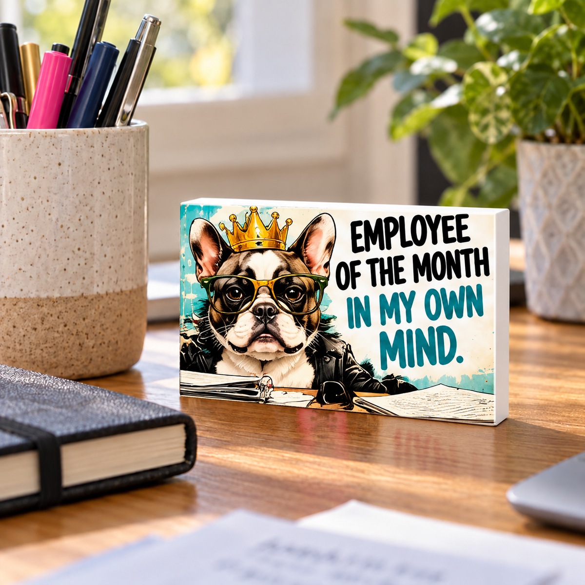 Employee of the Month in My Own Mind rectangular mini sign standing on a desk with white PVC edges.