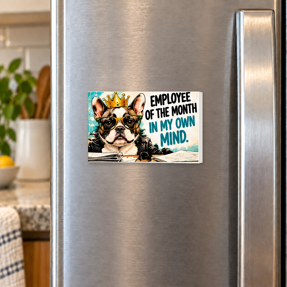 Employee of the Month in My Own Mind rectangular magnet shown front-facing on a refrigerator.