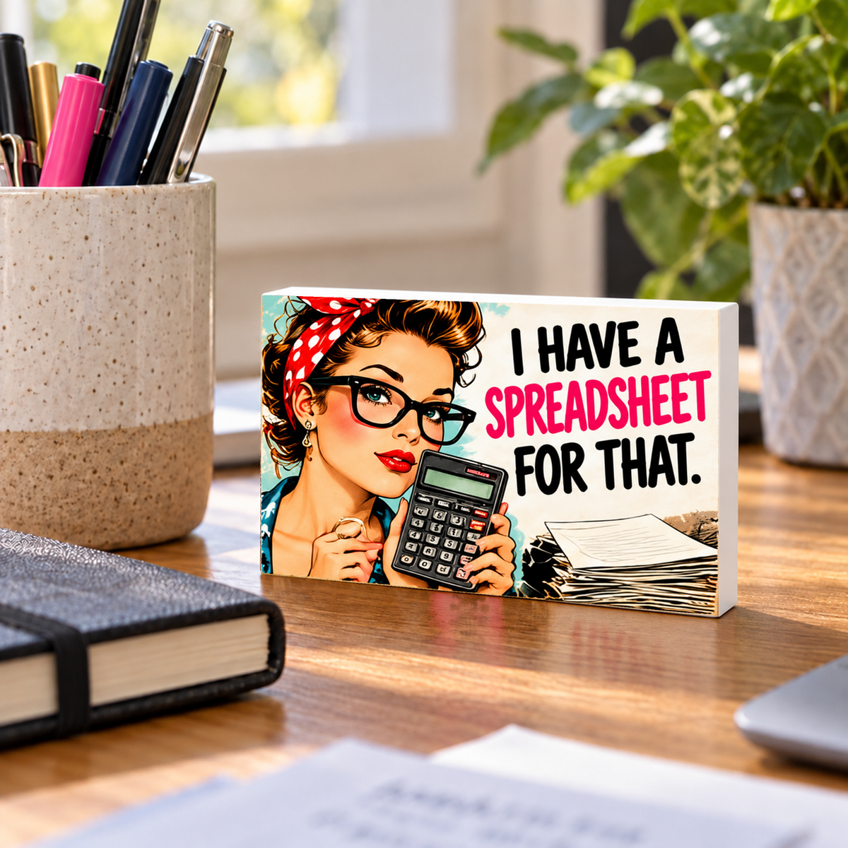 I Have a Spreadsheet for That mini sign standing on a desk.