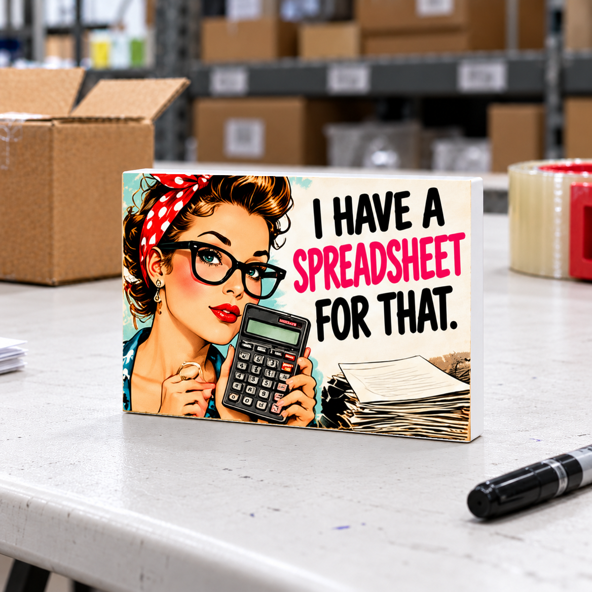 I Have a Spreadsheet for That mini sign on a white folding warehouse table with packing supplies.