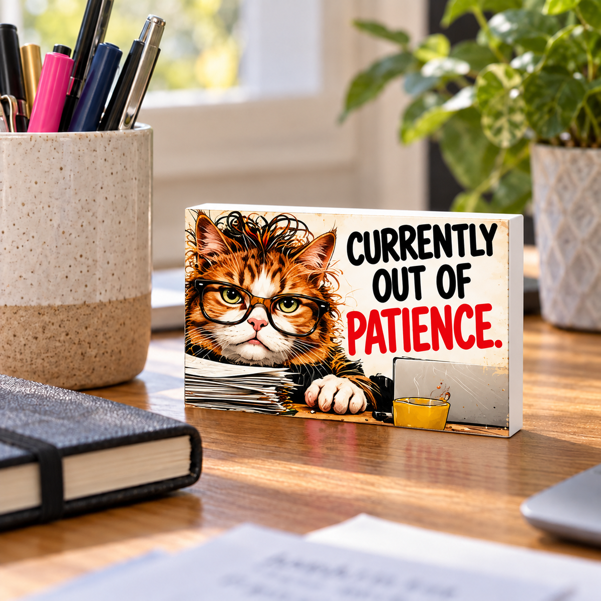 Currently Out of Patience rectangular mini sign standing on a desk with white PVC edges.