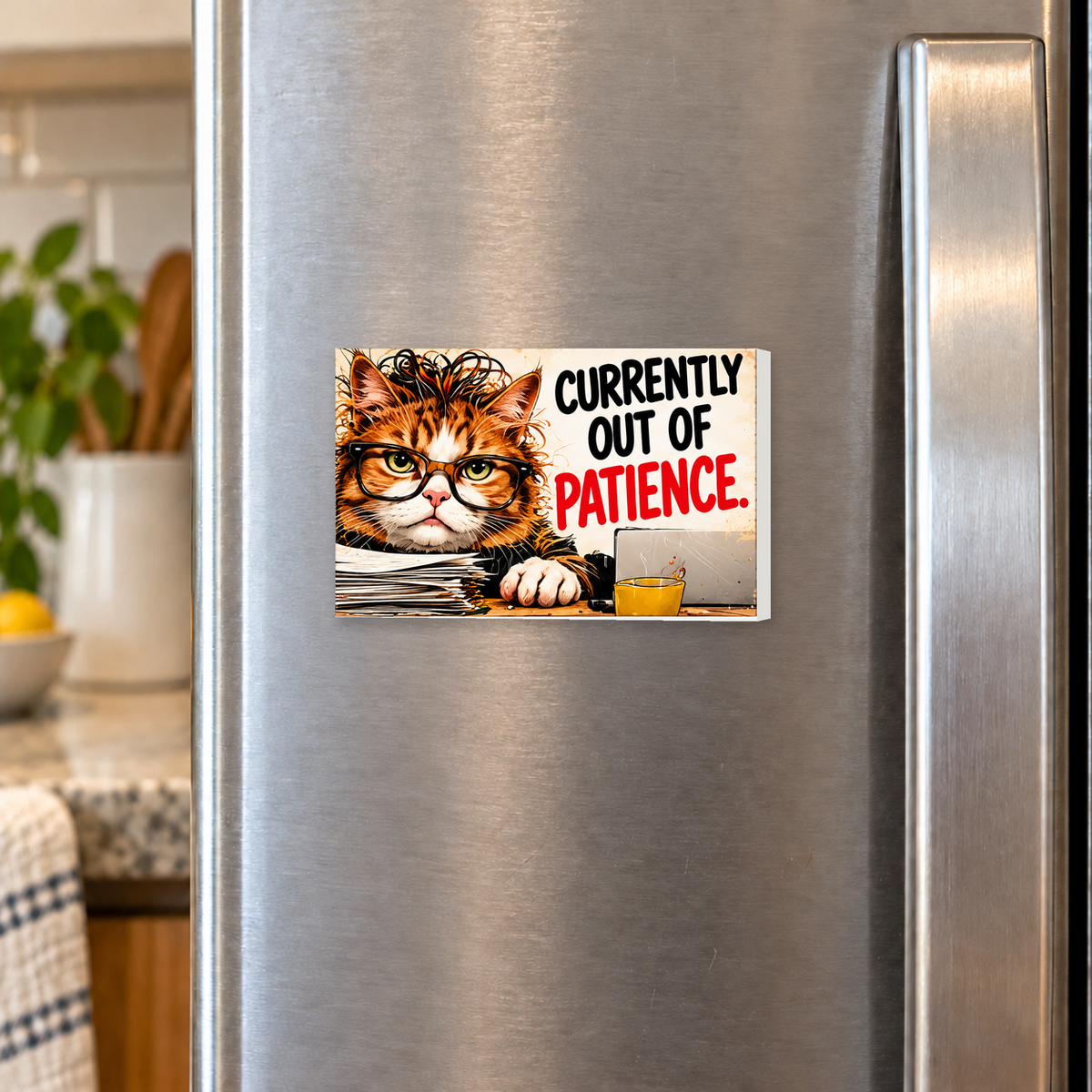 Currently Out of Patience rectangular magnet shown front-facing on a refrigerator.