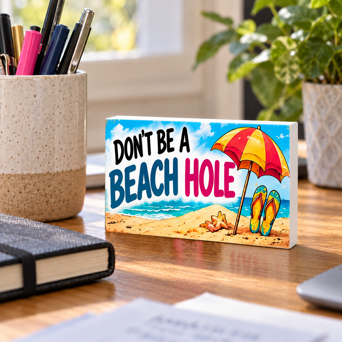 Don't Be a Beach Hole rectangular mini sign standing on a desk with white PVC edges.