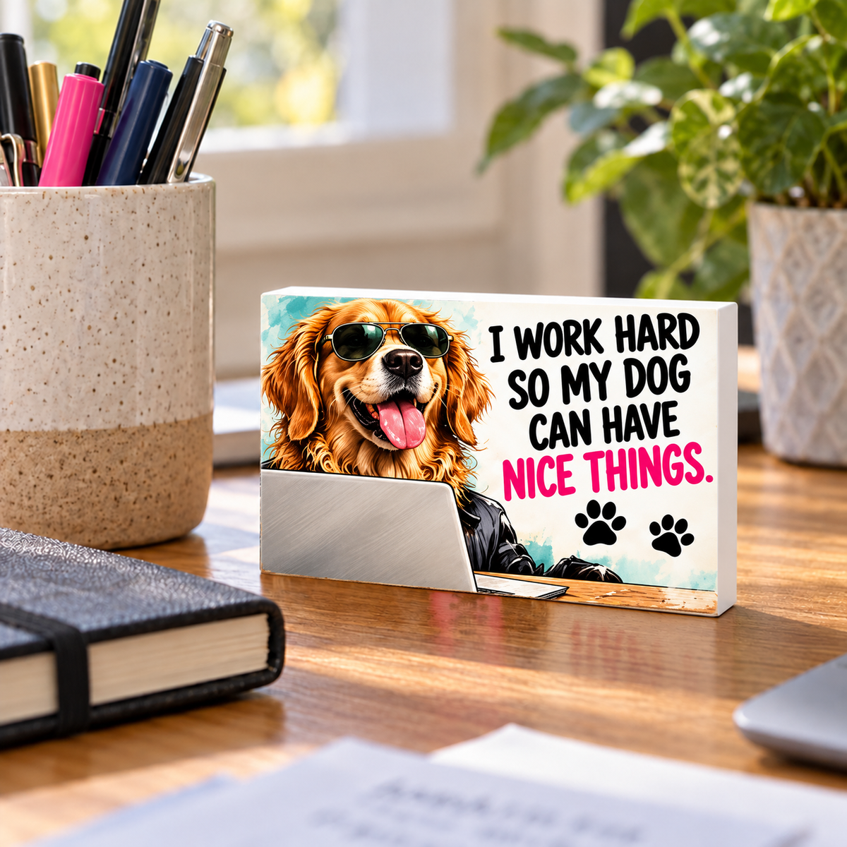 I Work Hard So My Dog Can Have Nice Things mini sign standing on a desk.