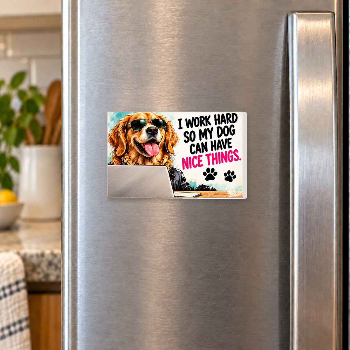 I Work Hard So My Dog Can Have Nice Things rectangular magnet on a refrigerator.