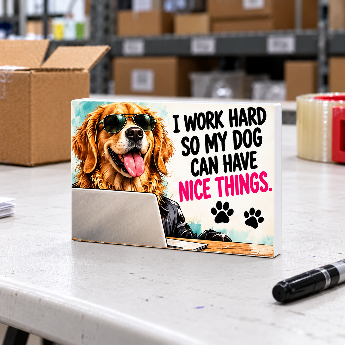 I Work Hard So My Dog Can Have Nice Things mini sign on a white folding warehouse table with packing supplies.
