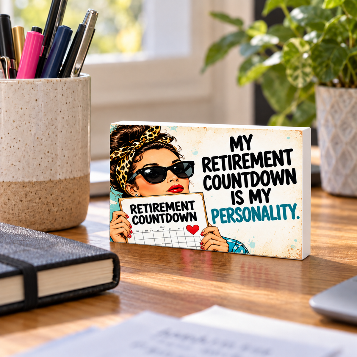 My Retirement Countdown Is My Personality mini sign standing on a desk with white PVC edges.