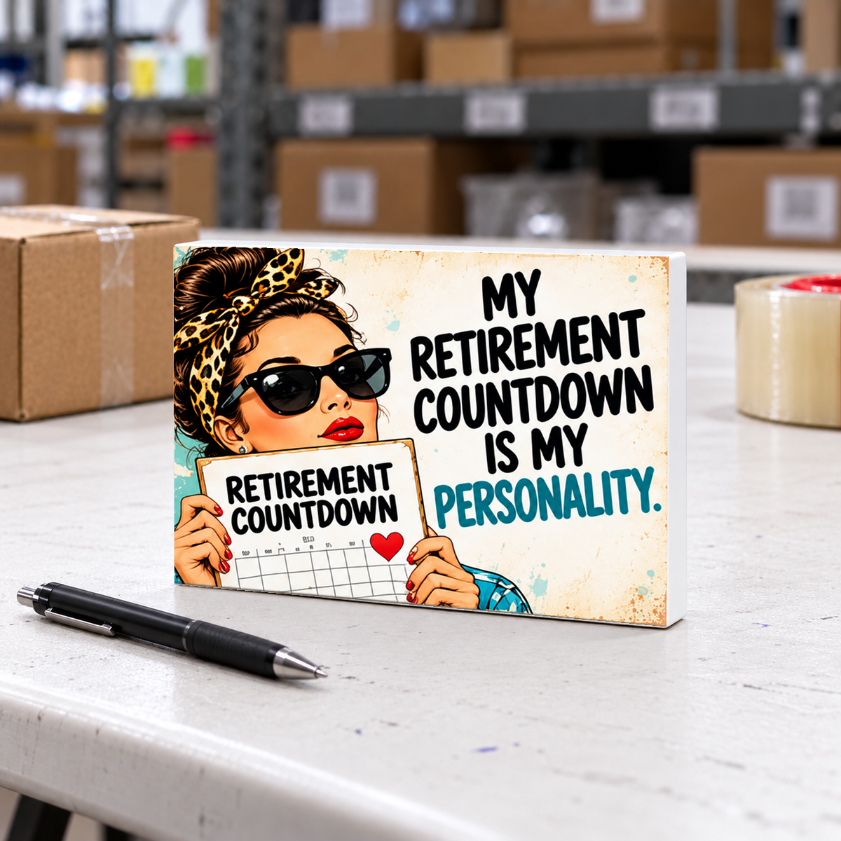 My Retirement Countdown Is My Personality magnet and mini sign on a white folding warehouse table.