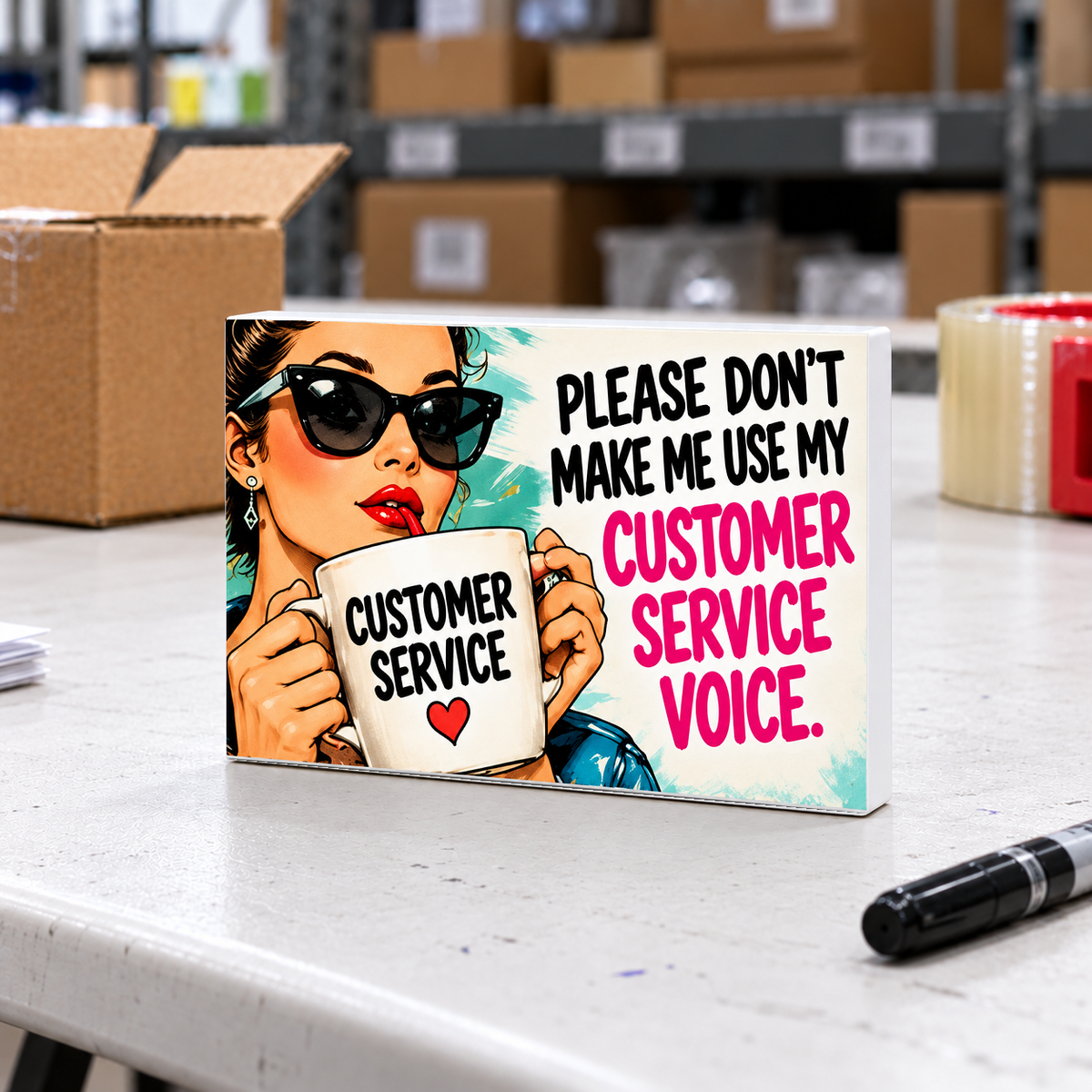 Please Don’t Make Me Use My Customer Service Voice magnet and mini sign on a white folding warehouse table.