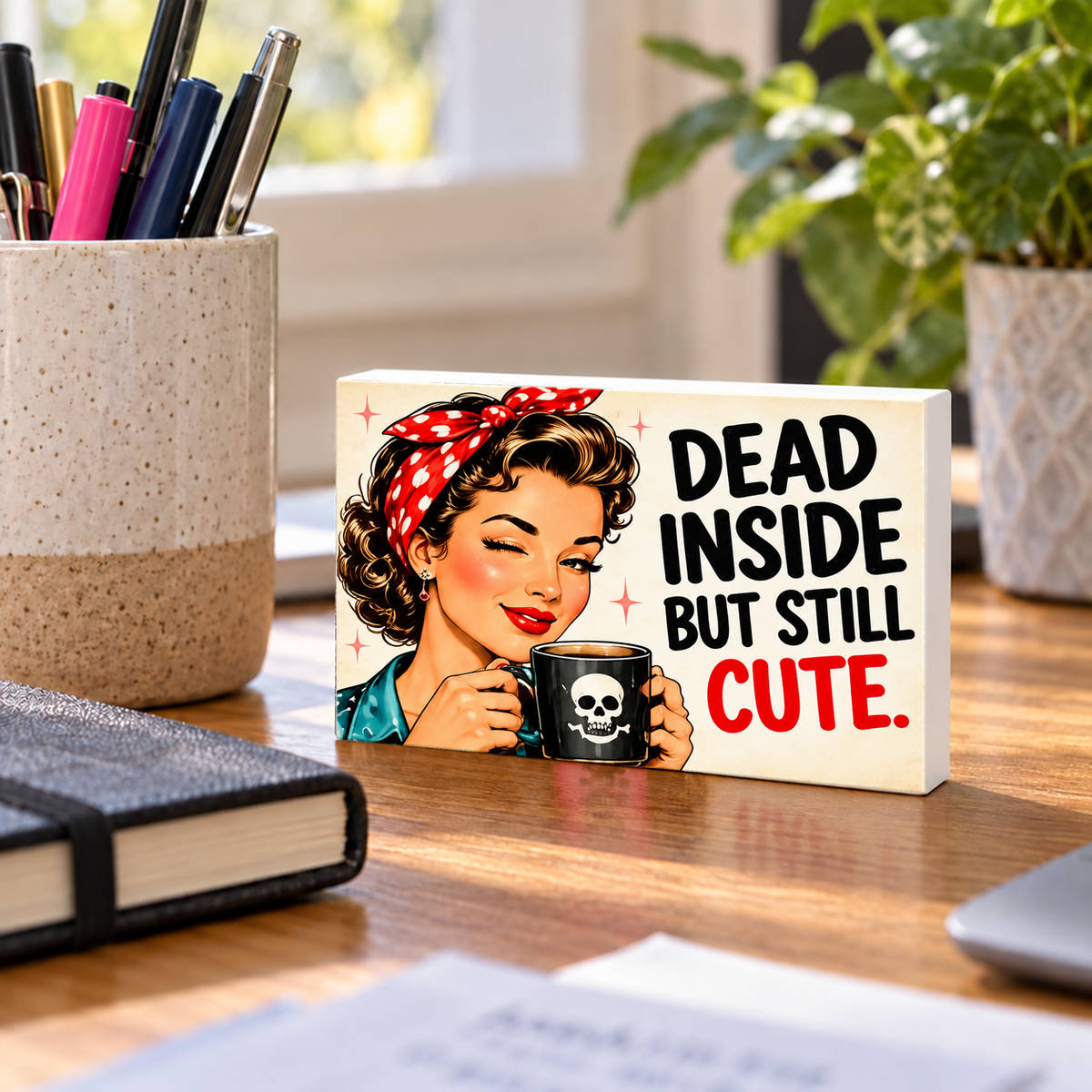 Dead Inside But Still Cute rectangular mini sign standing on a desk with white PVC edges.