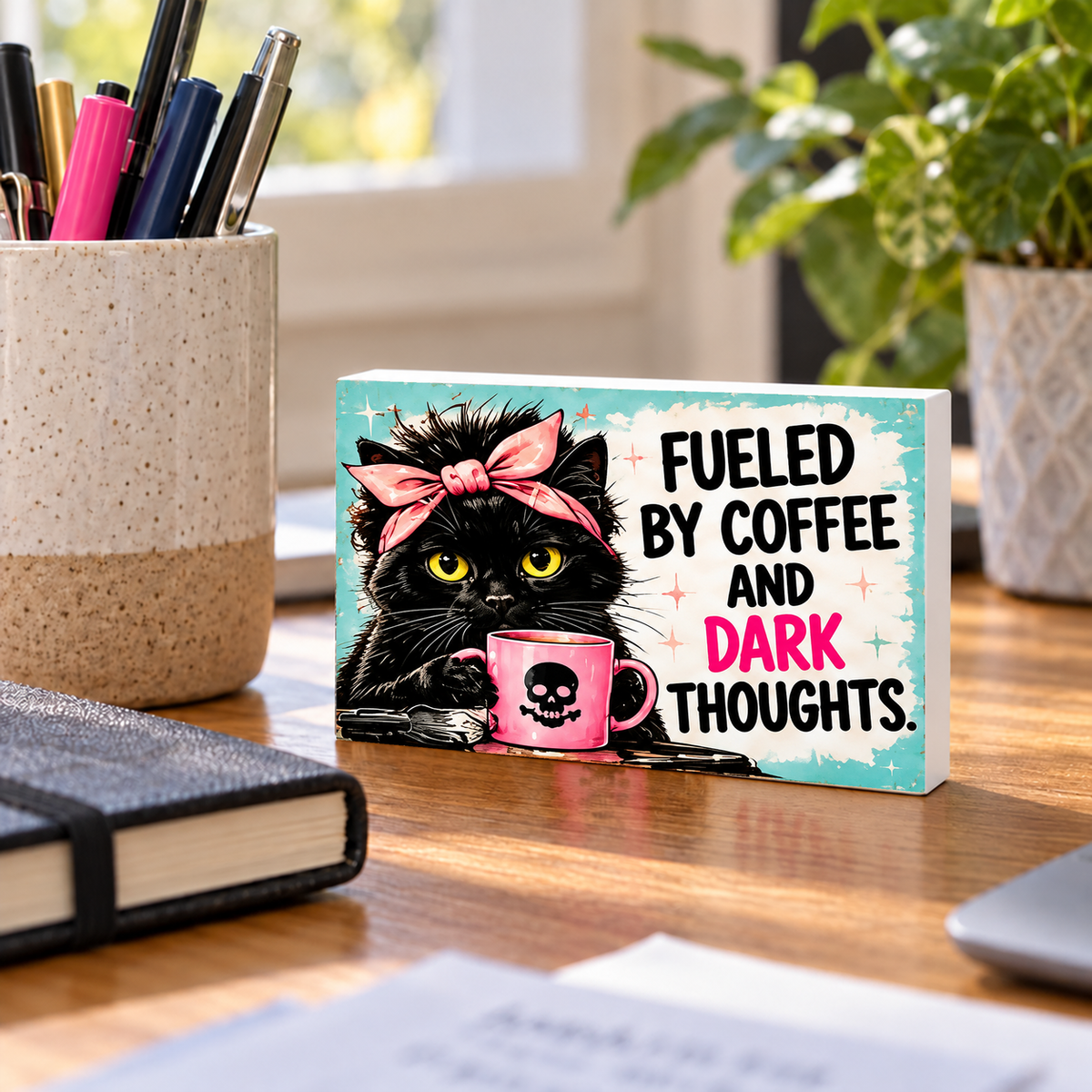 Fueled by Coffee and Dark Thoughts rectangular mini sign standing on a desk with white PVC edges.