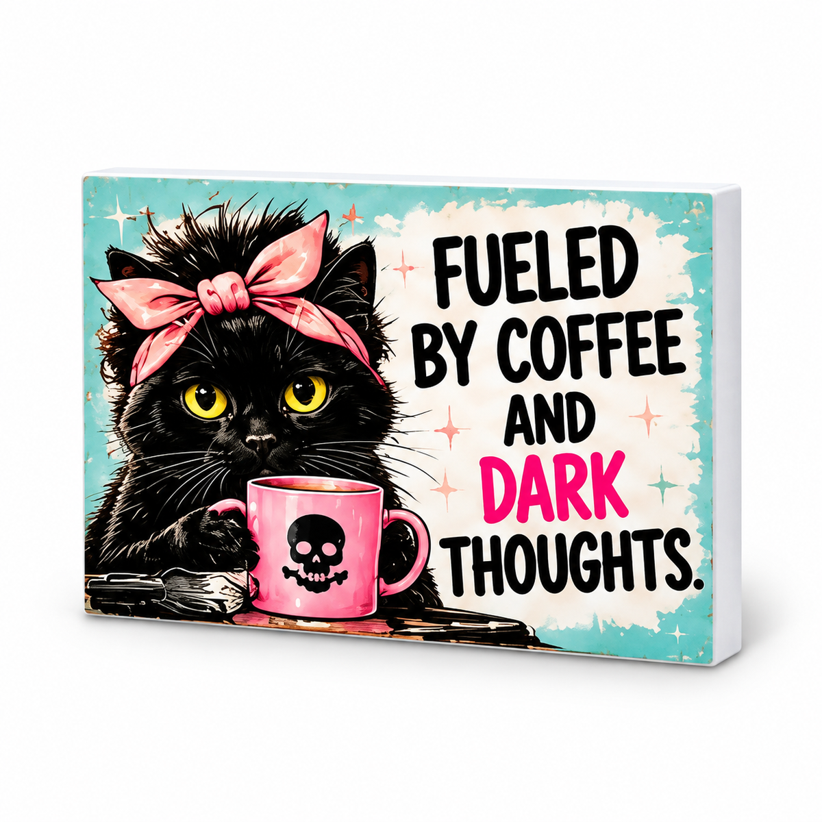 Fueled by Coffee and Dark Thoughts - Cute But Morbid Magnet: complete artwork and white PVC edge on white background