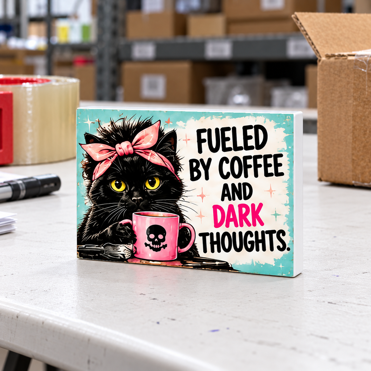 Fueled by Coffee and Dark Thoughts rectangular magnet and mini sign standing on a used white plastic folding table in a warehouse packing area.