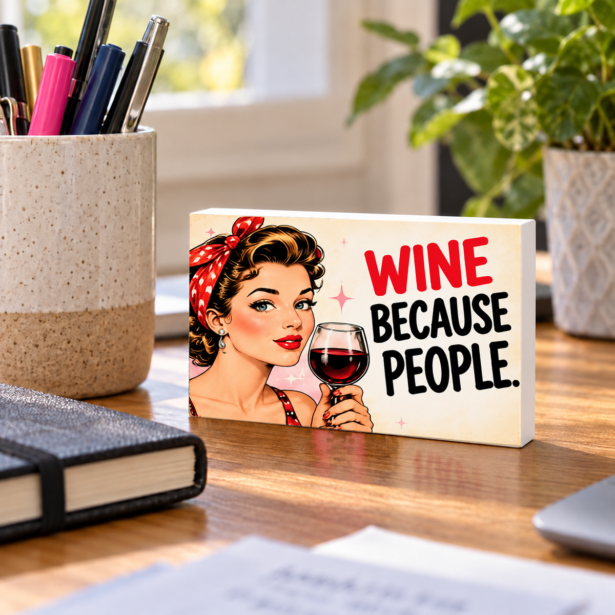 Wine Because People mini sign standing on a desk with white PVC edges.