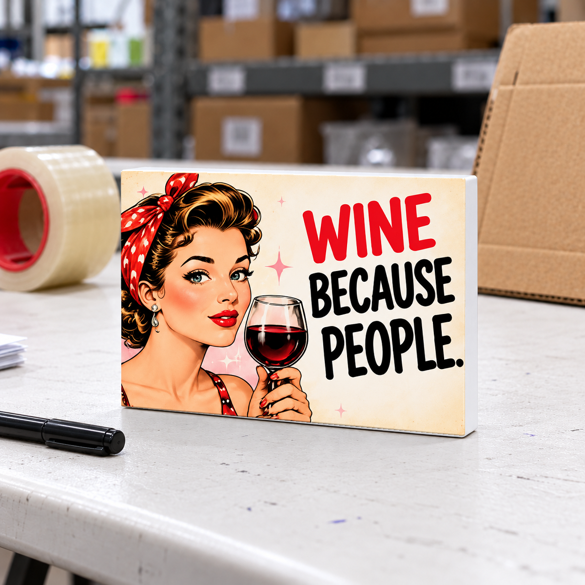 Wine Because People magnet and mini sign on a white folding warehouse table.