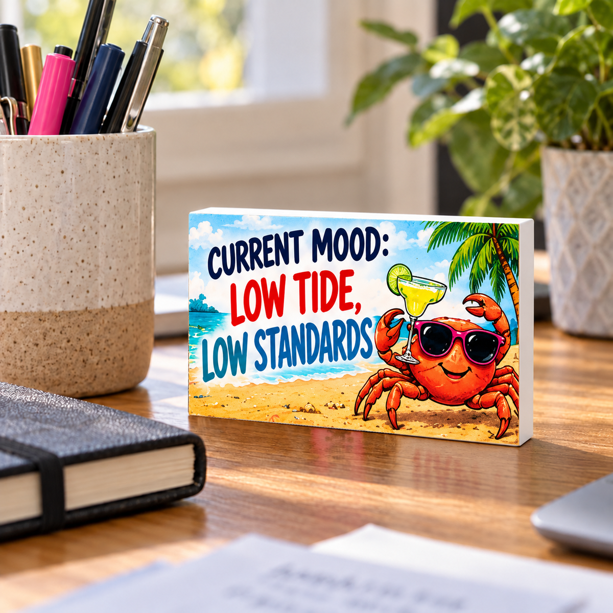 Current Mood Low Tide Low Standards rectangular mini sign standing on a desk with white PVC edges.