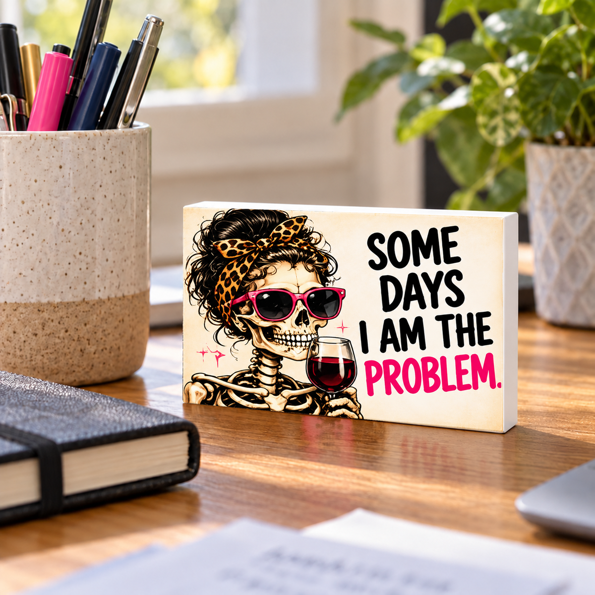 Some Days I Am the Problem mini sign standing on a desk with white PVC edges.