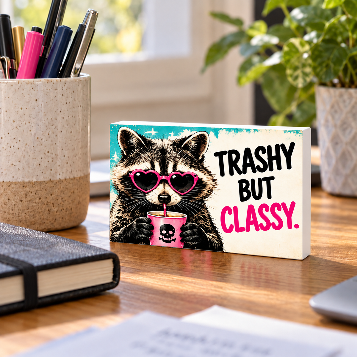 Trashy But Classy mini sign standing on a desk with white PVC edges.