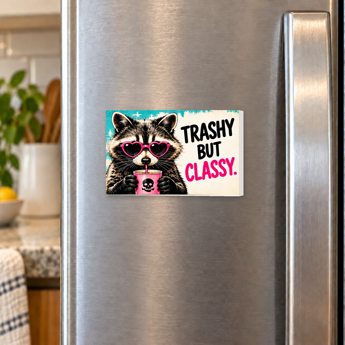 Trashy But Classy rectangular magnet shown front-facing on a refrigerator.