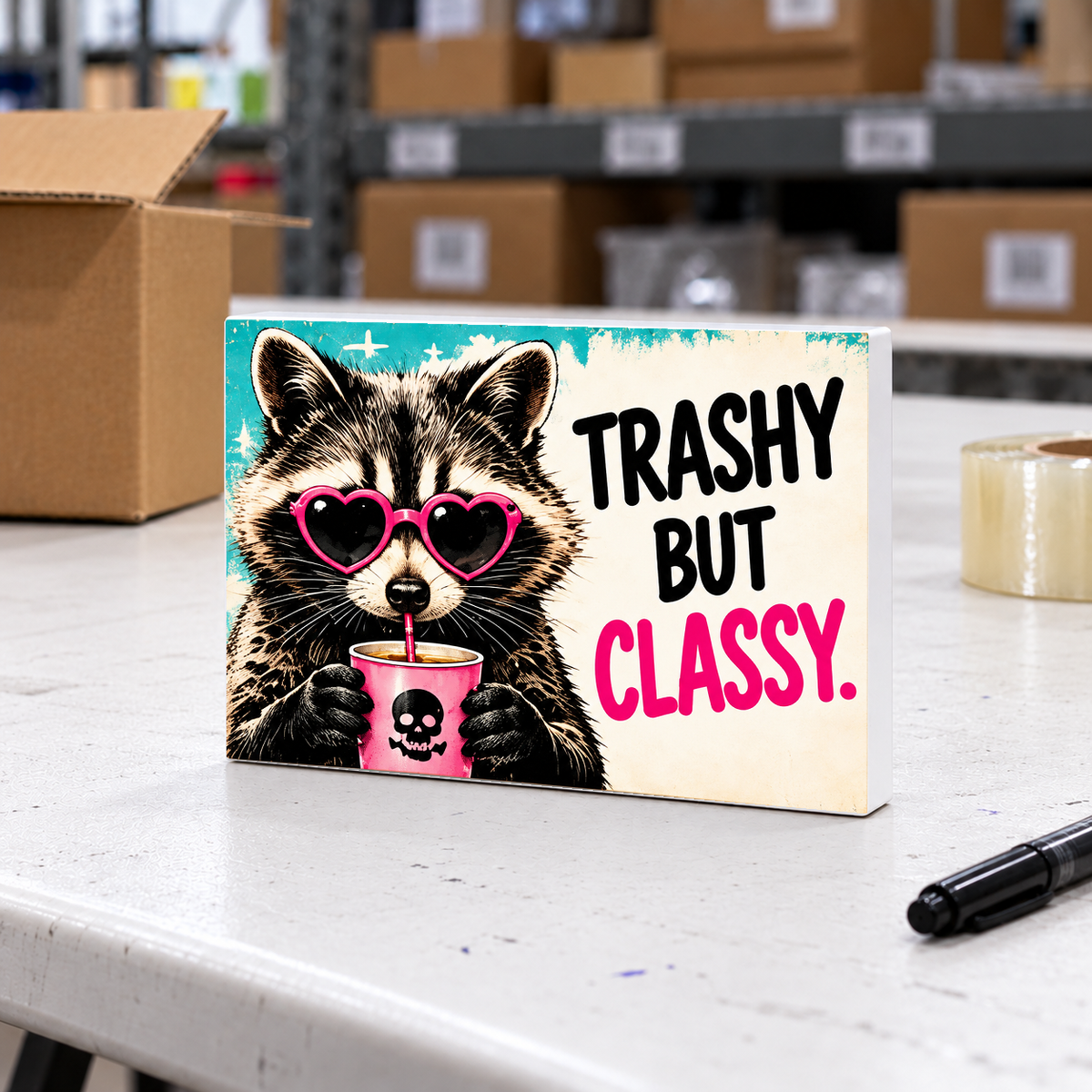 Trashy But Classy magnet and mini sign on a white folding warehouse table.