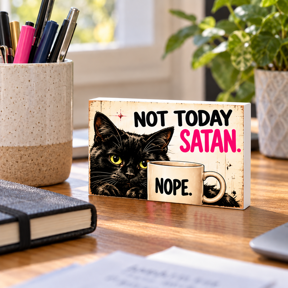 Not Today Satan mini sign standing on a desk with white PVC edges.