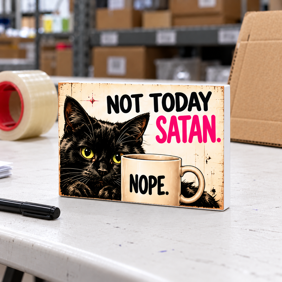Not Today Satan magnet and mini sign on a white folding warehouse table.