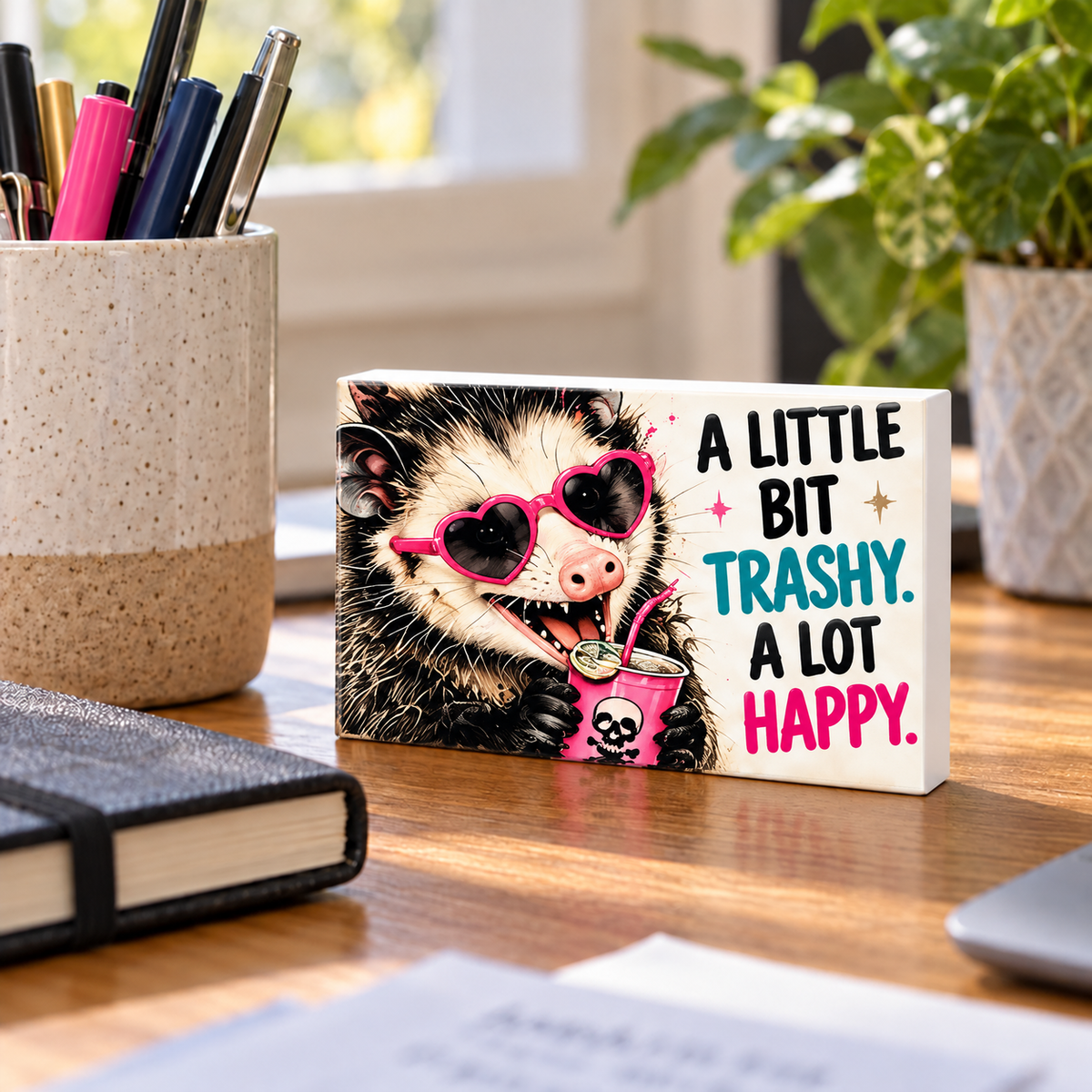 A Little Bit Trashy A Lot Happy rectangular mini sign standing on a desk with white PVC edges.