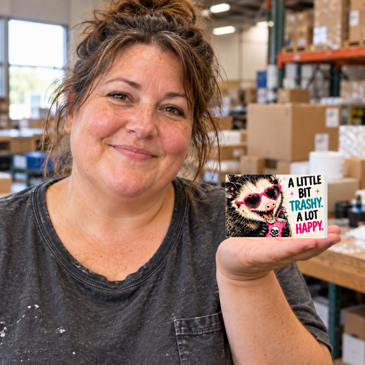 A Little Bit Trashy A Lot Happy rectangular magnet held on an open palm in a warehouse setting.