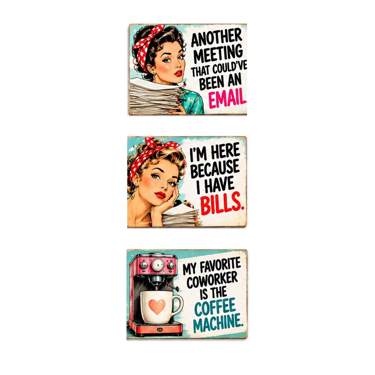 Set of three JennyGems Coworker Survival Kit horizontal magnets on white background